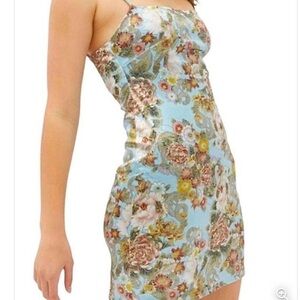 Urban Outfitters Light Blue Floral Satin Slip Mini Dress size large
